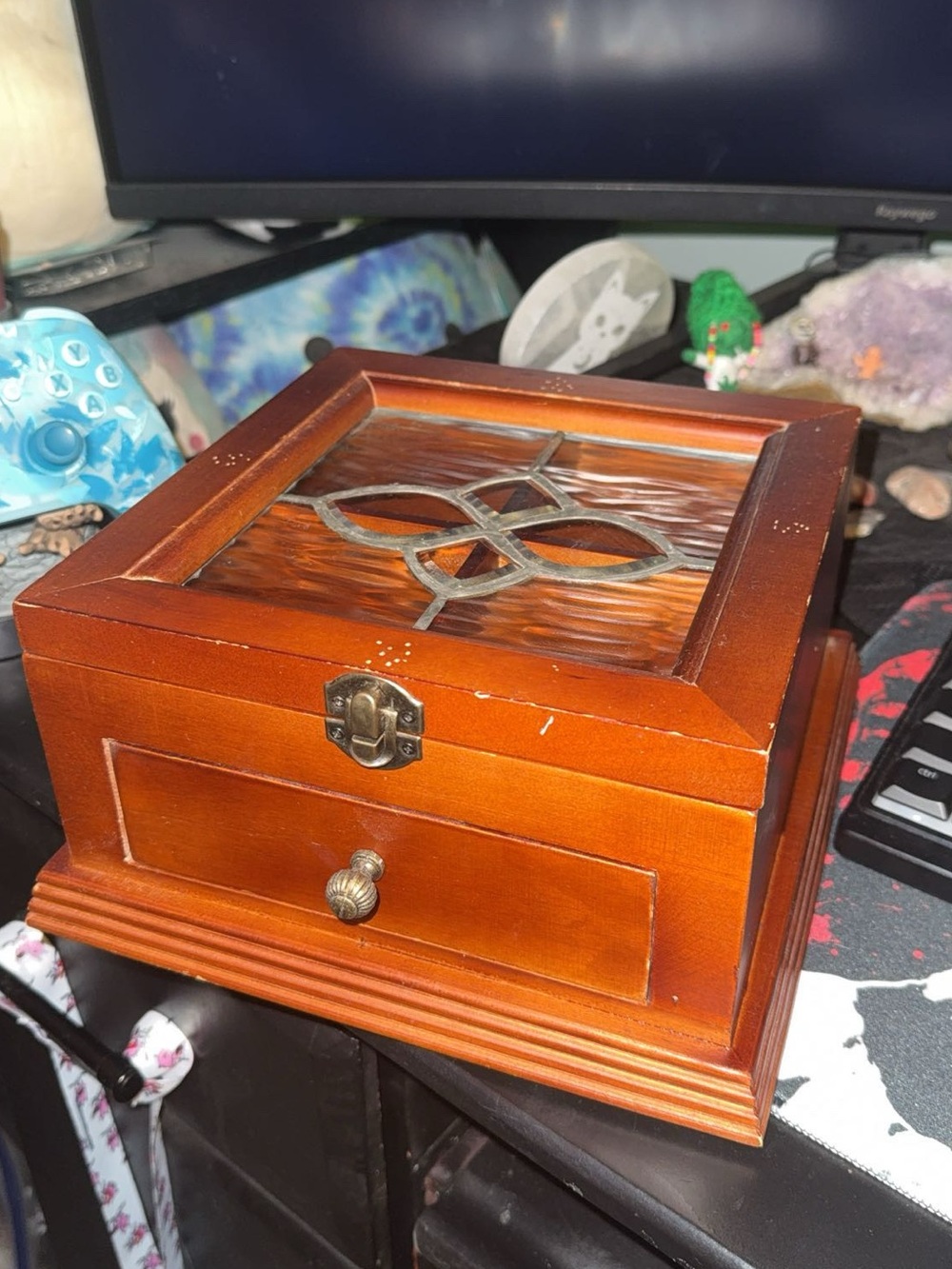 Creative Co-Op Wooden Jewelry Box with Decorative Glass Top - Brown
